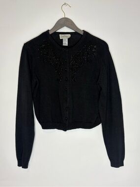 Vintage Croquet Club Button Front Cardigan Sweater Black Beaded Cropped Cottage